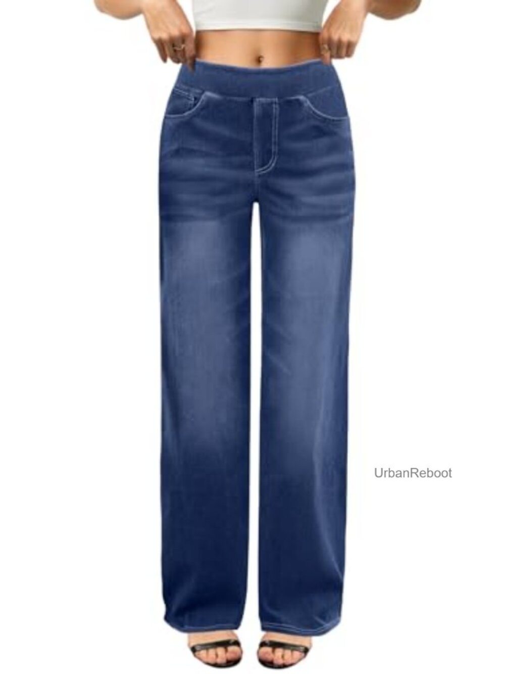 High Waisted Stretchy Wide Leg Sweatpant Jeans Pull On Straight Leg Loose